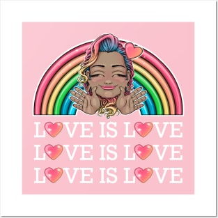 love is love rainbow with Reva Prisma hugging emoji (white text) Posters and Art